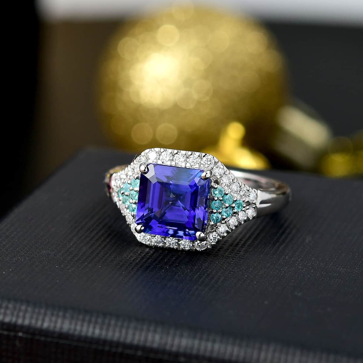 Certified & Appraised Rhapsody Asscher Cut AAAA Tanzanite, Paraiba Tourmaline and E-F VS2 Diamond 3.37 ctw Ring in 950 Platinum (Size 10.0) 6.45 Grams image number 1