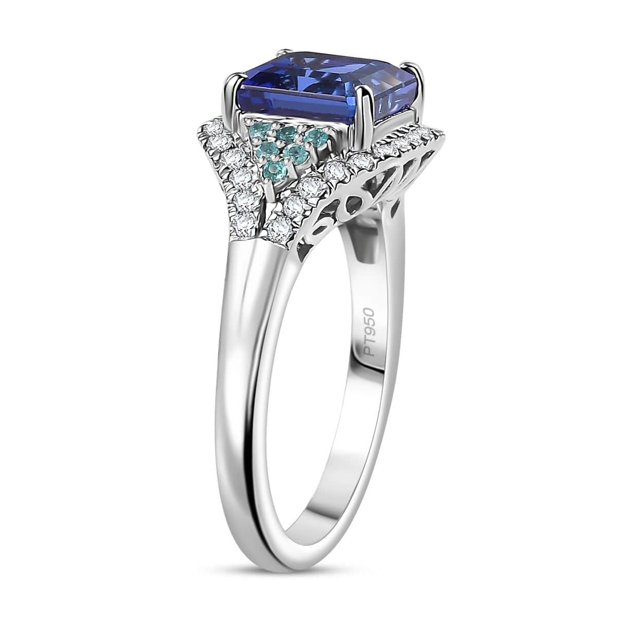 Certified & Appraised Rhapsody Asscher Cut AAAA Tanzanite, Paraiba Tourmaline and E-F VS2 Diamond 3.37 ctw Ring in 950 Platinum (Size 10.0) 6.45 Grams image number 3