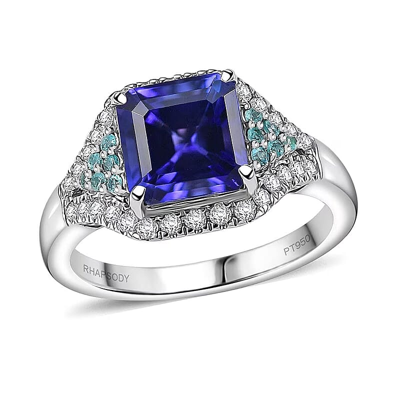 Certified & Appraised Rhapsody 950 Platinum Asscher Cut AAAA Tanzanite, Paraiba Tourmaline, Diamond (E-F, VS) (0.34 cts) Ring (Size 11.0) (6.45 g) 3.37 ctw