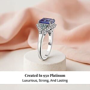 Certified & Appraised Rhapsody 950 Platinum Asscher Cut AAAA Tanzanite, Paraiba Tourmaline, Diamond (E-F, VS) (0.34 cts) Ring (Size 11.0) (6.45 g) 3.37 ctw