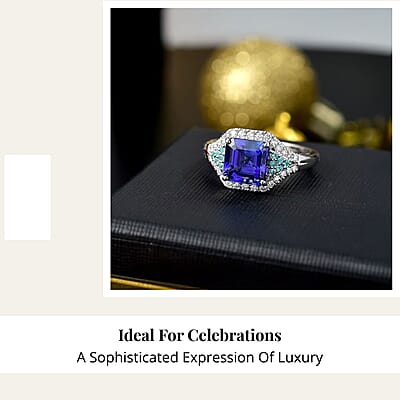 Certified & Appraised Rhapsody 950 Platinum Asscher Cut AAAA Tanzanite, Paraiba Tourmaline, Diamond (E-F, VS) (0.34 cts) Ring (Size 11.0) (6.45 g) 3.37 ctw