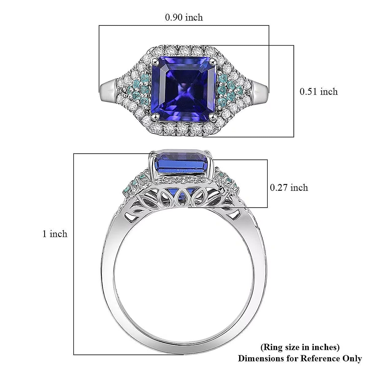 Certified & Appraised Rhapsody 950 Platinum Asscher Cut AAAA Tanzanite, Paraiba Tourmaline, Diamond (E-F, VS) (0.34 cts) Ring (Size 11.0) (6.45 g) 3.37 ctw