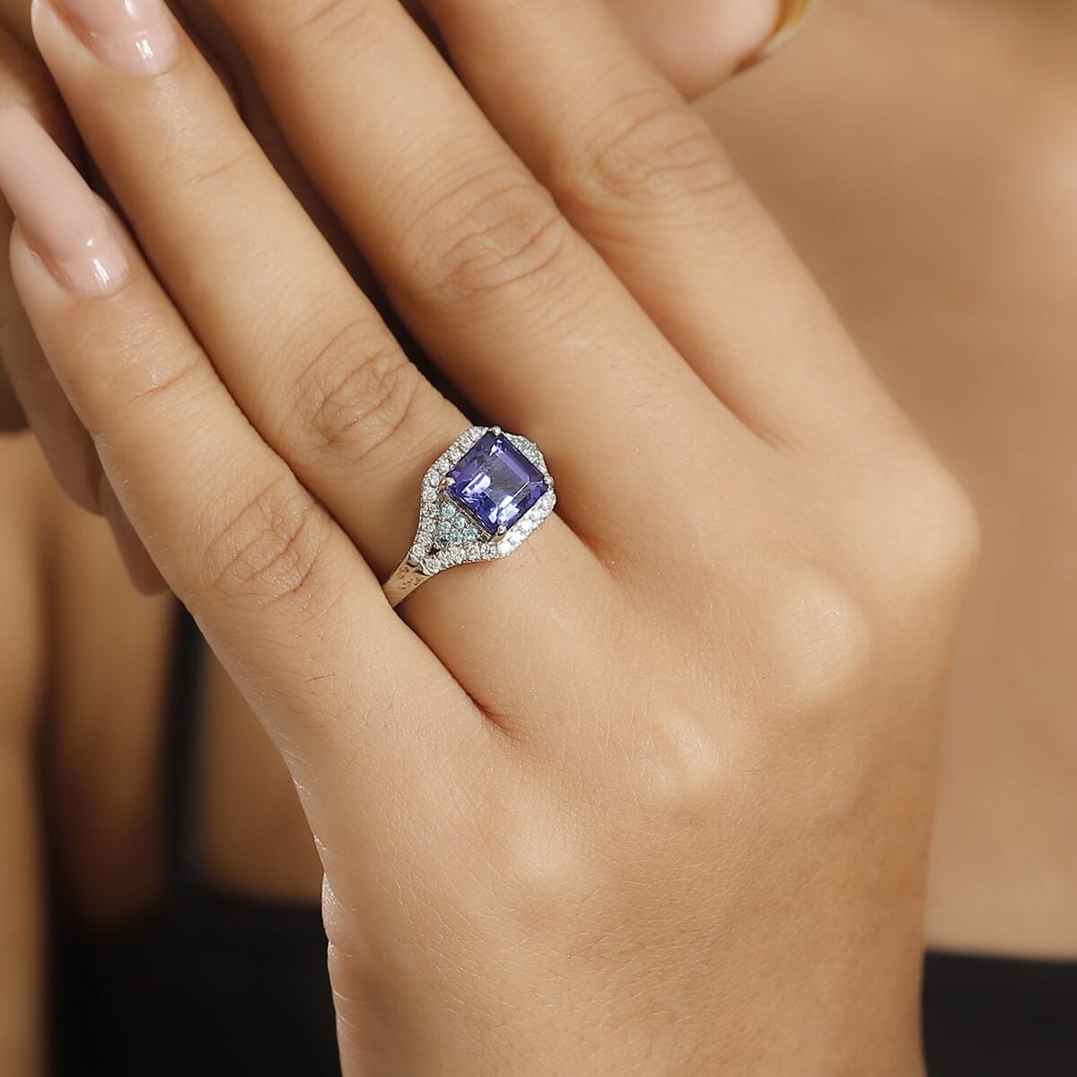 Doorbuster Certified & Appraised Rhapsody 950 Platinum AAAA Tanzanite, Paraiba Tourmaline, Diamond (E-F, VS2) (0.34 cts) Ring (Size 6.5) 3.37 ctw image number 2