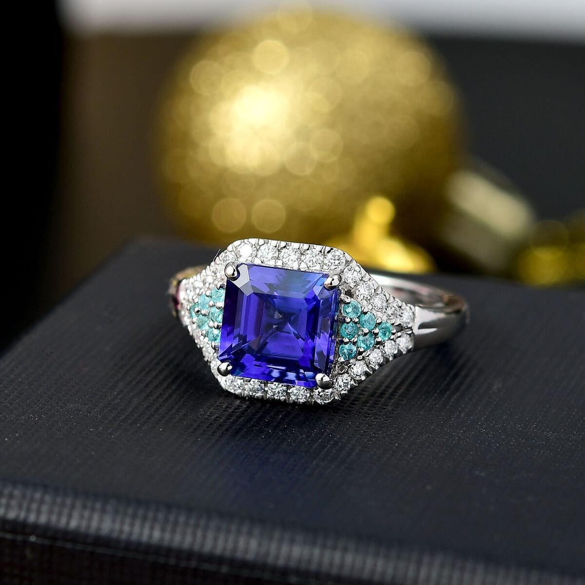 Doorbuster Certified & Appraised Rhapsody 950 Platinum AAAA Tanzanite, Paraiba Tourmaline, Diamond (E-F, VS2) (0.34 cts) Ring (Size 7.5) 3.37 ctw image number 1