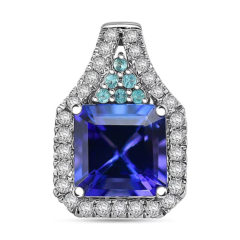 Certified & Appraised Rhapsody AAAA Tanzanite, Paraiba Tourmaline and E-F VS Diamond 3.37 ctw Pendant without Chain in 950 Platinum