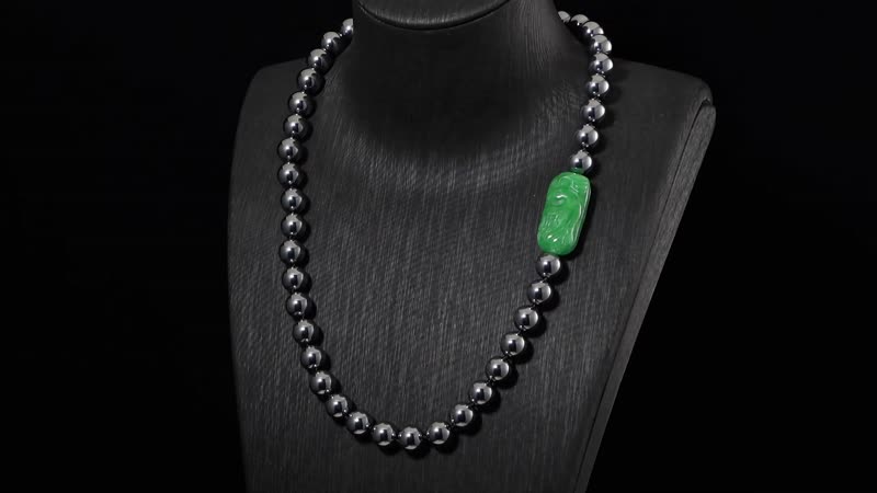 Green Jade (D) Phoenix Carved and Terahertz 330.00 ctw Beaded Knotted Necklace in Rhodium Over Sterling Silver 20 Inches