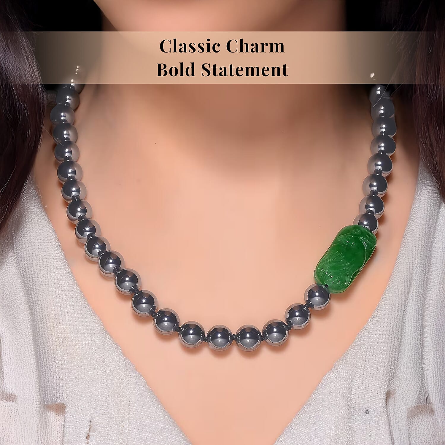 Green Jade (D) Phoenix Carved and Terahertz 330.00 ctw Beaded Knotted Necklace in Rhodium Over Sterling Silver 20 Inches