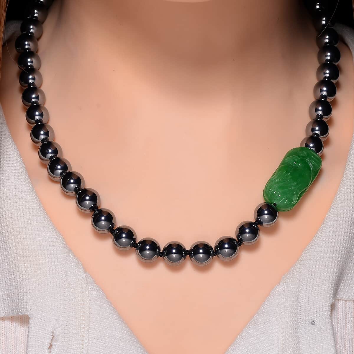 Green Jade (D) Phoenix Carved and Terahertz 330.00 ctw Beaded Knotted Necklace in Rhodium Over Sterling Silver 20 Inches image number 1