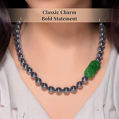 Green Jade (D) Phoenix Carved and Terahertz 330.00 ctw Beaded Knotted Necklace in Rhodium Over Sterling Silver 20 Inches
