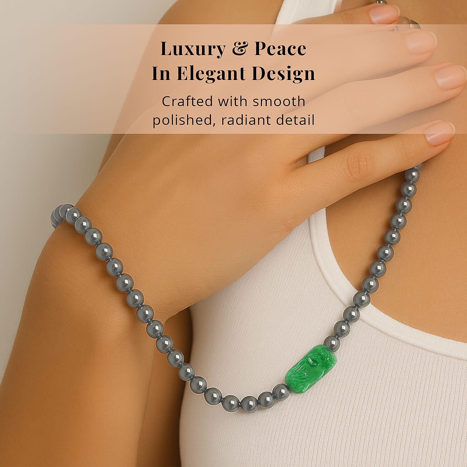 Green Jade (D) Phoenix Carved and Terahertz 330.00 ctw Beaded Knotted Necklace in Rhodium Over Sterling Silver 20 Inches