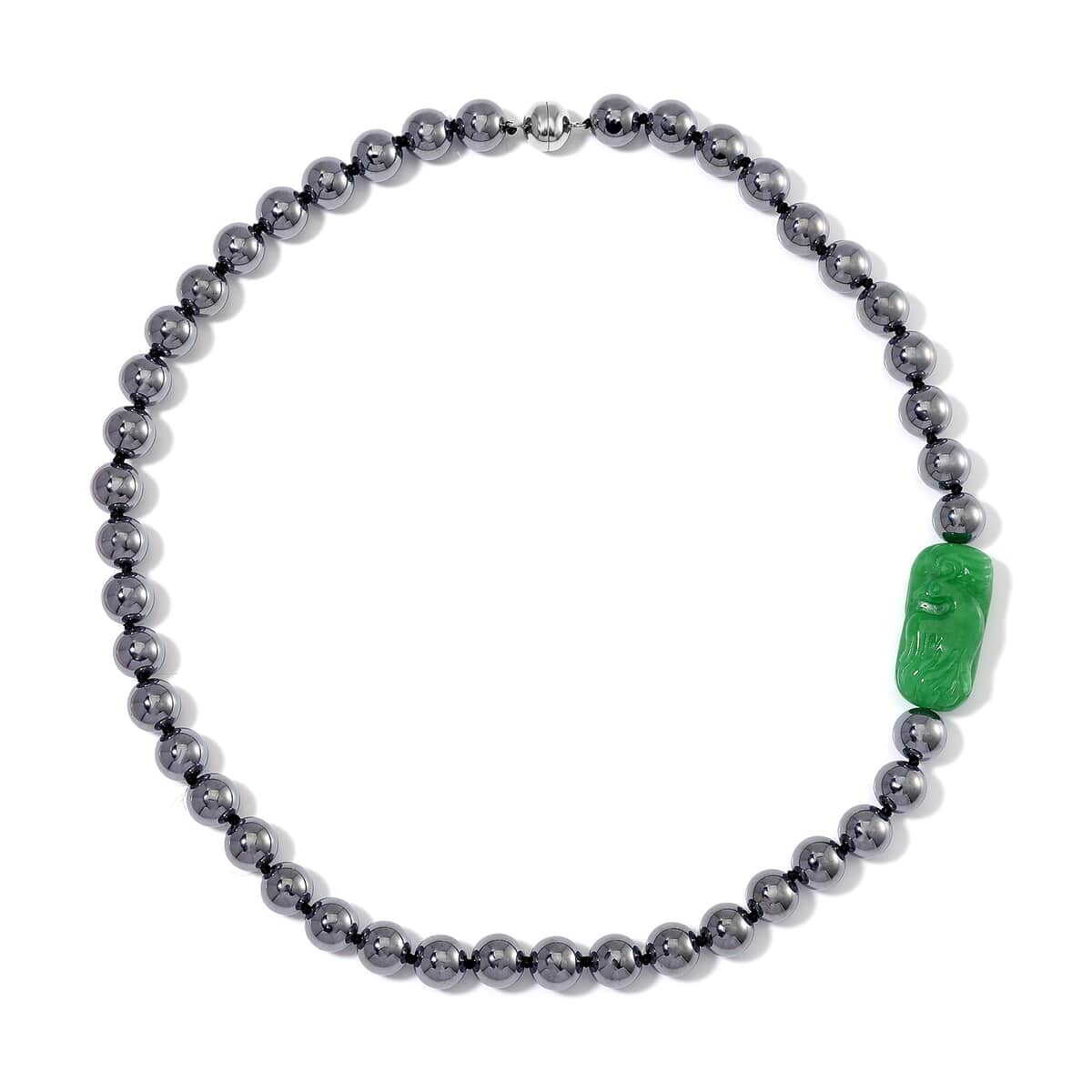 Green Jade (D) Phoenix Carved and Terahertz 330.00 ctw Beaded Knotted Necklace in Rhodium Over Sterling Silver 20 Inches image number 2