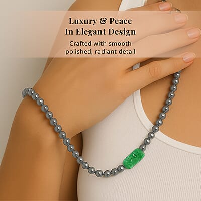 Green Jade (D) Phoenix Carved and Terahertz 330.00 ctw Beaded Knotted Necklace in Rhodium Over Sterling Silver 20 Inches