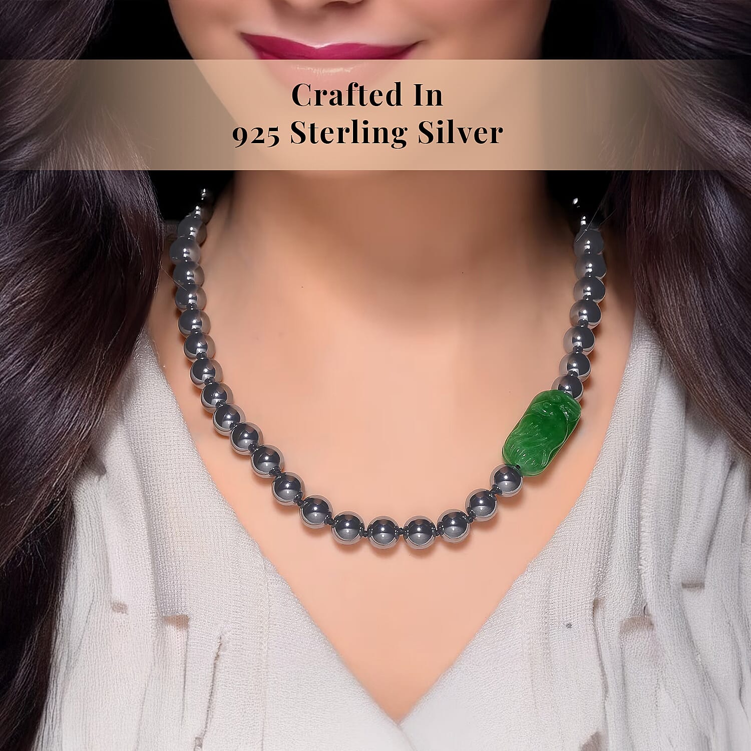 Green Jade (D) Phoenix Carved and Terahertz 330.00 ctw Beaded Knotted Necklace in Rhodium Over Sterling Silver 20 Inches