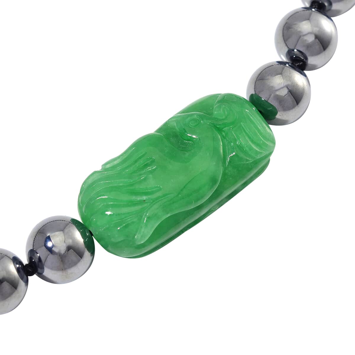 Green Jade (D) Phoenix Carved and Terahertz 330.00 ctw Beaded Knotted Necklace in Rhodium Over Sterling Silver 20 Inches image number 3