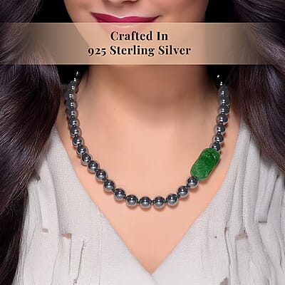Green Jade (D) Phoenix Carved and Terahertz 330.00 ctw Beaded Knotted Necklace in Rhodium Over Sterling Silver 20 Inches