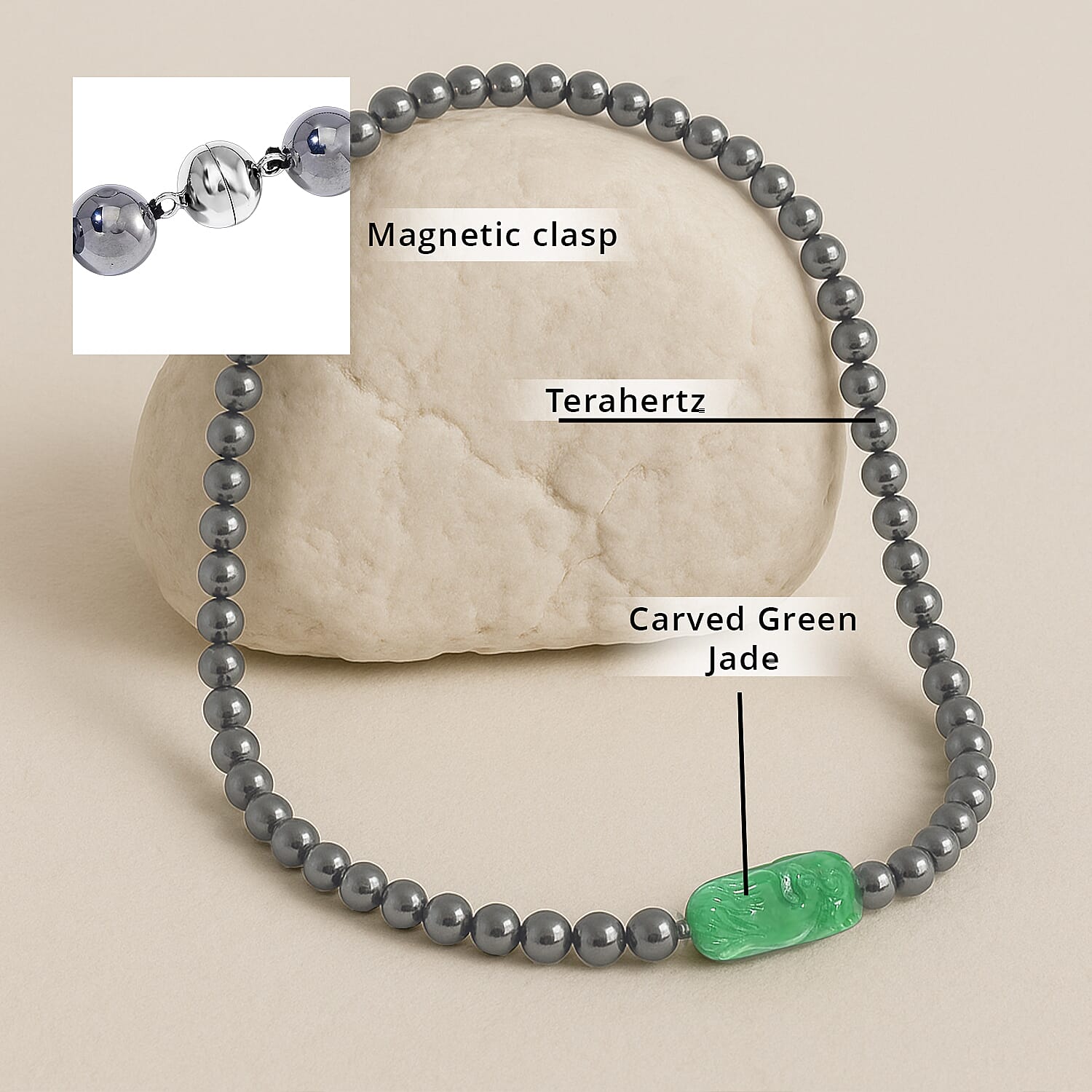 Green Jade (D) Phoenix Carved and Terahertz 330.00 ctw Beaded Knotted Necklace in Rhodium Over Sterling Silver 20 Inches