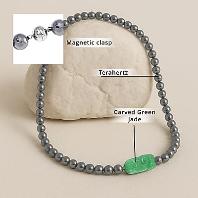 Green Jade (D) Phoenix Carved and Terahertz 330.00 ctw Beaded Knotted Necklace in Rhodium Over Sterling Silver 20 Inches