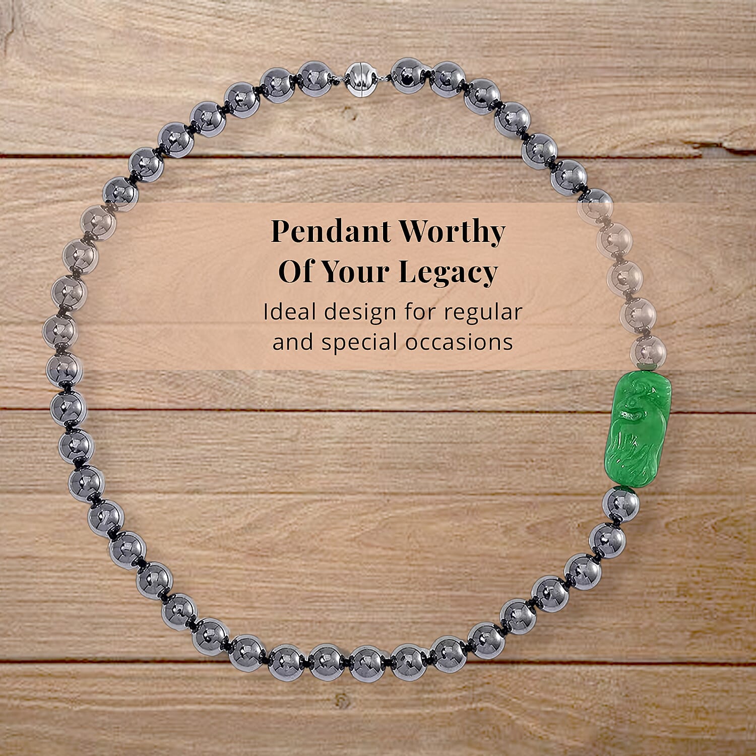 Green Jade (D) Phoenix Carved and Terahertz 330.00 ctw Beaded Knotted Necklace in Rhodium Over Sterling Silver 20 Inches