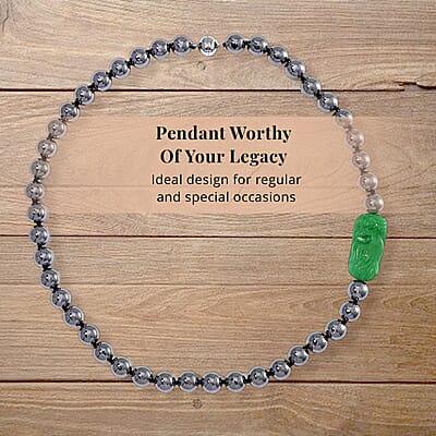 Green Jade (D) Phoenix Carved and Terahertz 330.00 ctw Beaded Knotted Necklace in Rhodium Over Sterling Silver 20 Inches