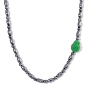 Green Jade (D) Leopard Carved and Terahertz 200.00 ctw Beaded Knotted Necklace in Rhodium Over Sterling Silver 20 Inches