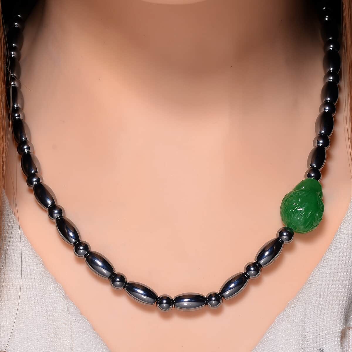 Green Jade (D) Leopard Carved and Terahertz 200.00 ctw Beaded Knotted Necklace in Rhodium Over Sterling Silver 20 Inches image number 1