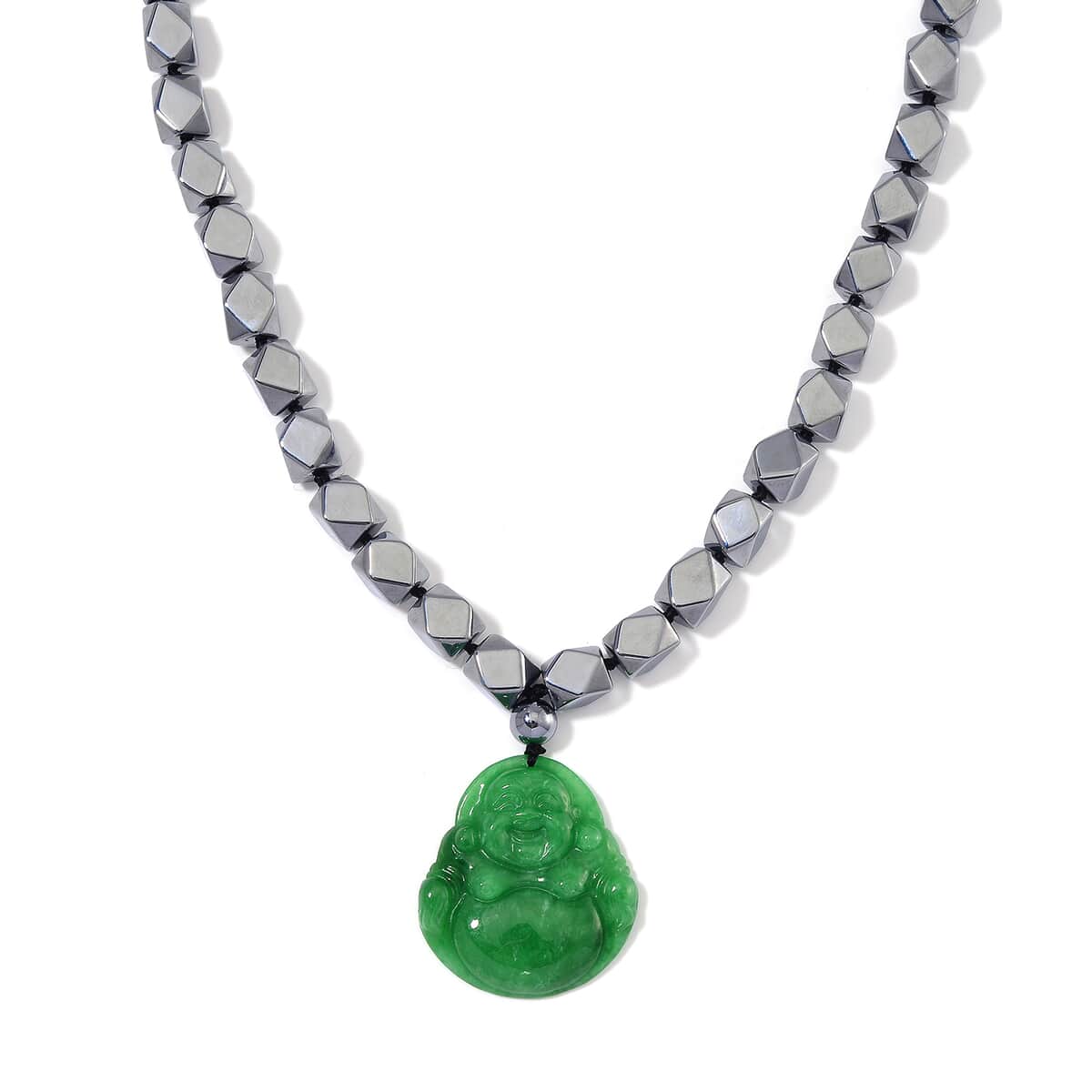 Green Jade (D) Laughing Buddha Carved and Terahertz 315.00 ctw Beaded Knotted Necklace in Rhodium Over Sterling Silver 20 Inches image number 0