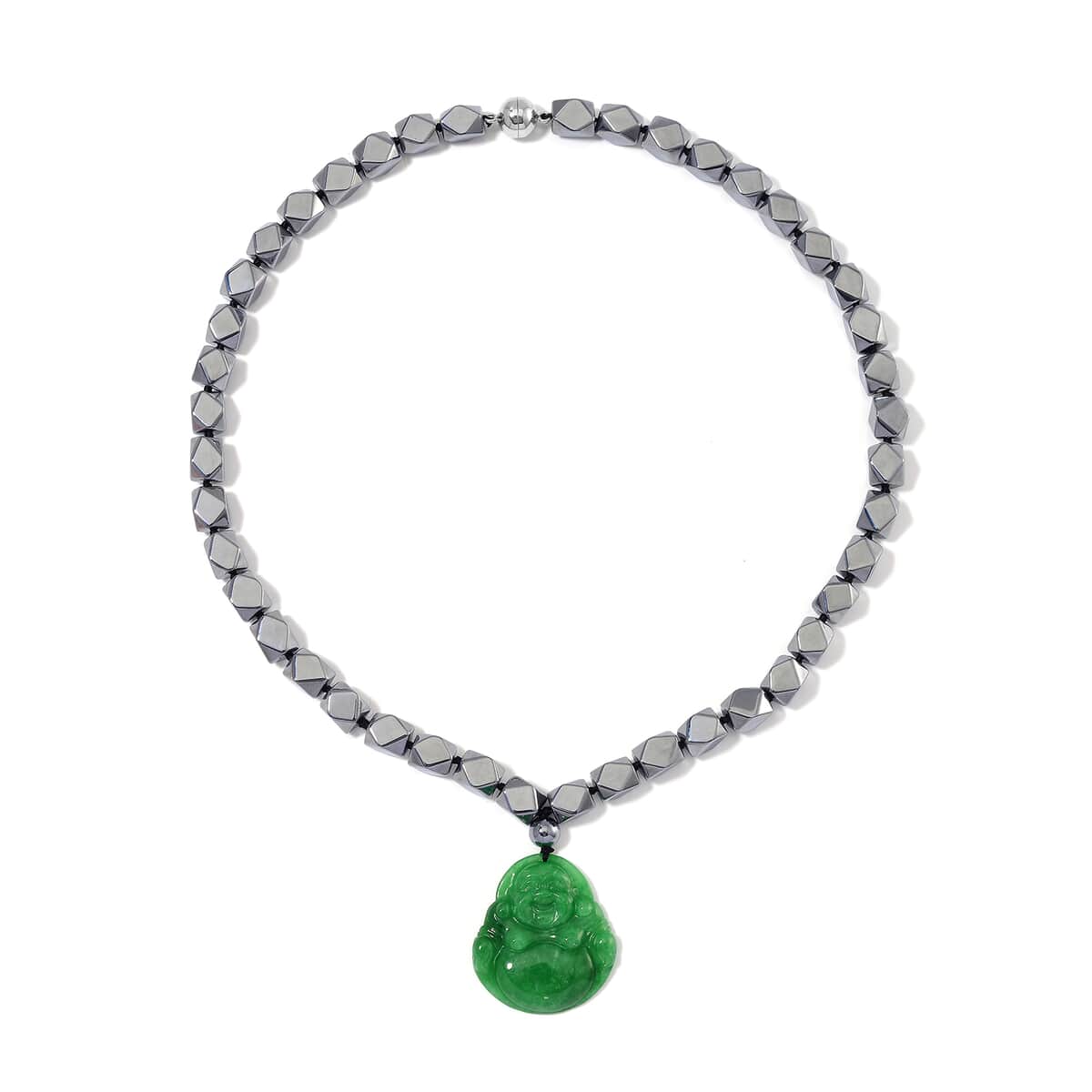 Green Jade (D) Laughing Buddha Carved and Terahertz 315.00 ctw Beaded Knotted Necklace in Rhodium Over Sterling Silver 20 Inches image number 2