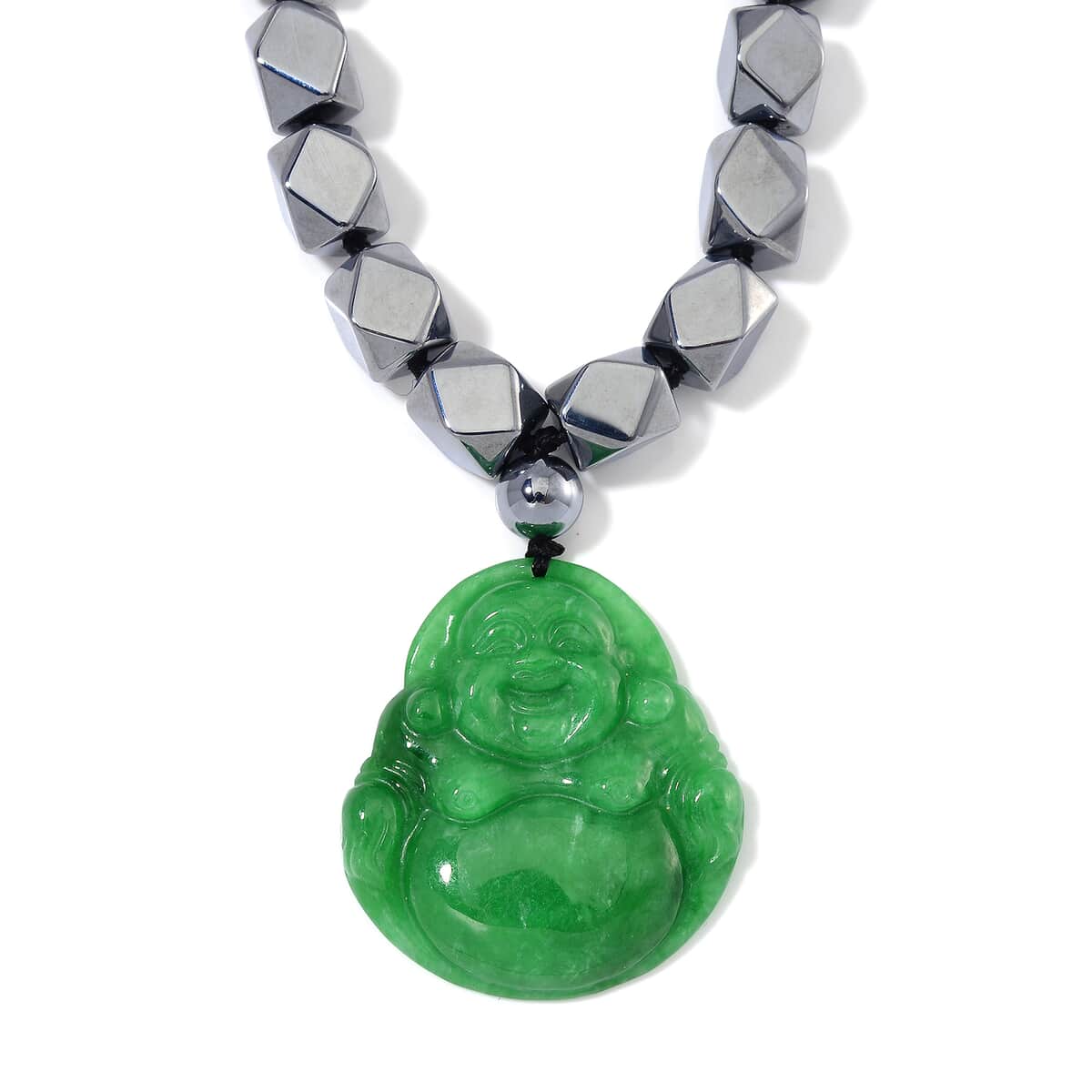 Green Jade (D) Laughing Buddha Carved and Terahertz 315.00 ctw Beaded Knotted Necklace in Rhodium Over Sterling Silver 20 Inches image number 3