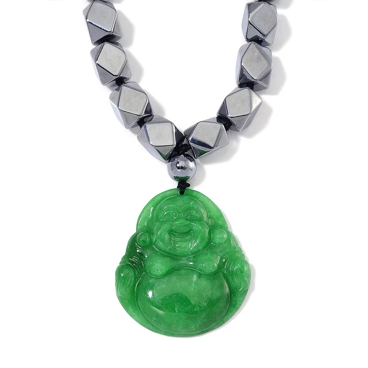 Green Jade (D) Laughing Buddha Carved and Terahertz 315.00 ctw Beaded Knotted Necklace in Rhodium Over Sterling Silver 20 Inches image number 7