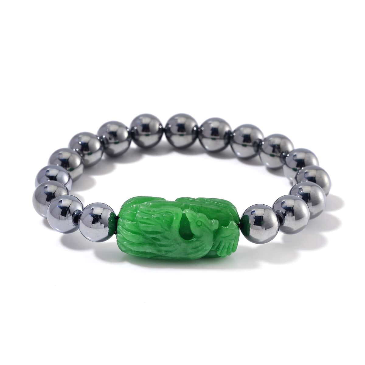 Green Jade (D) Phoenix Carved and Terahertz 170.00 ctw Beaded Stretch Bracelet image number 0