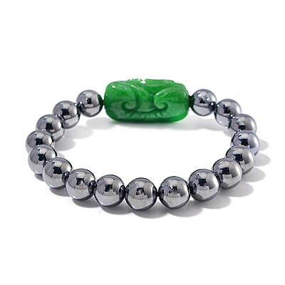 Green Jade (D) Phoenix Carved and Terahertz 170.00 ctw Beaded Stretch Bracelet