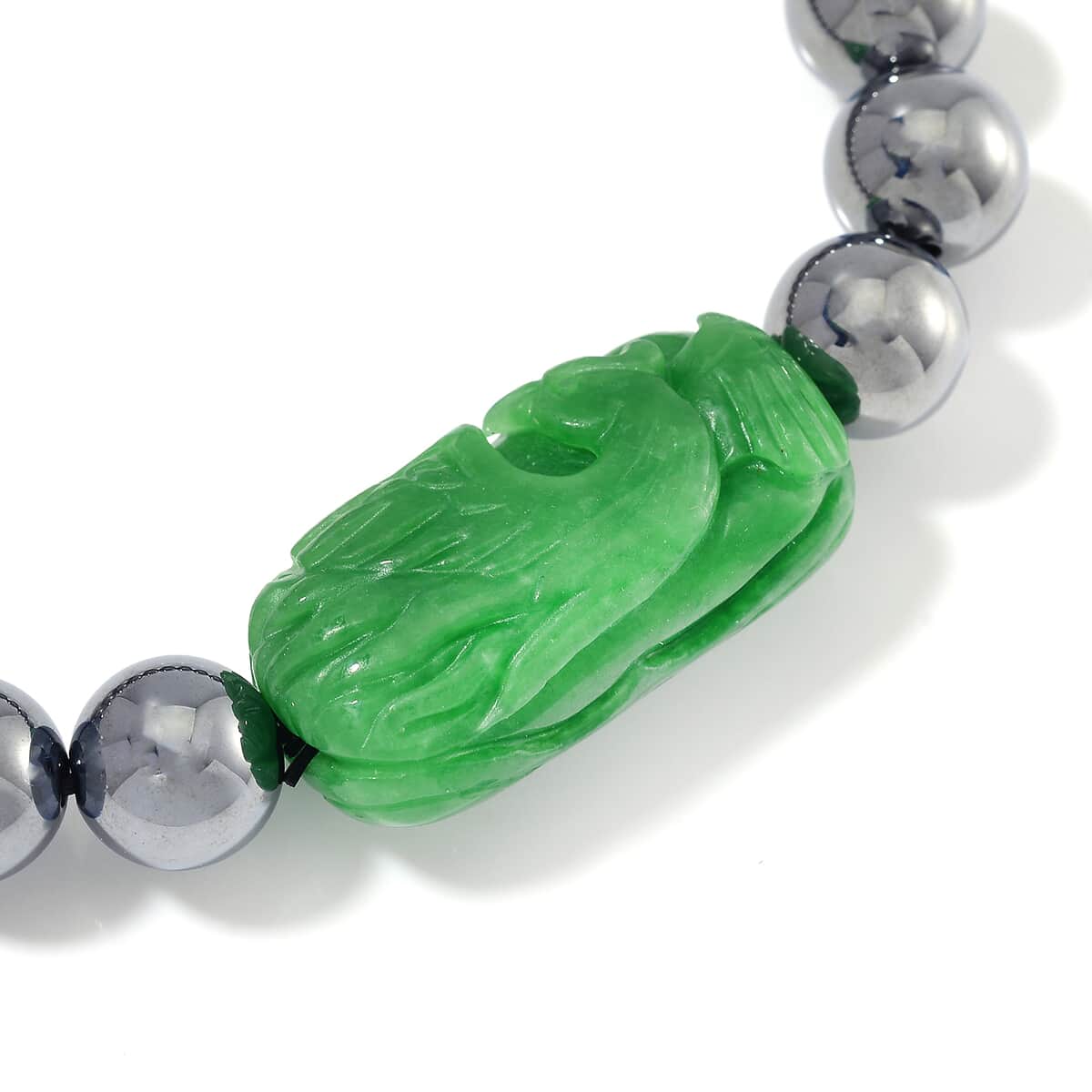 Green Jade (D) Phoenix Carved and Terahertz 170.00 ctw Beaded Stretch Bracelet image number 3