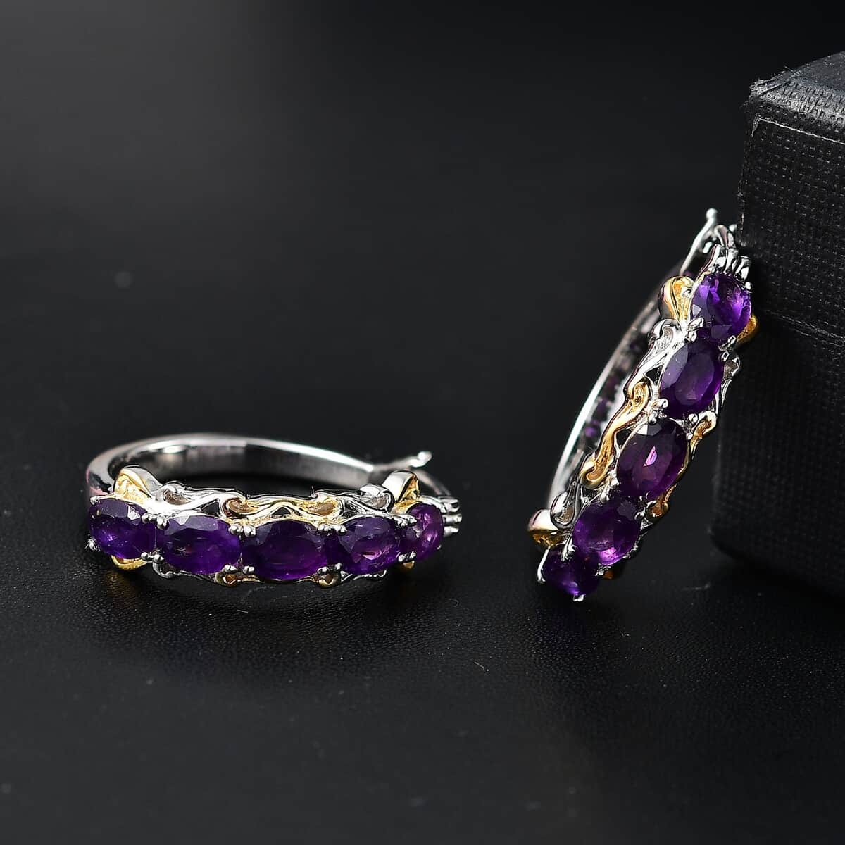 Karis African Amethyst 4.10 ctw Hoop Earrings in 18K YG Plated and Platinum Bond  image number 1