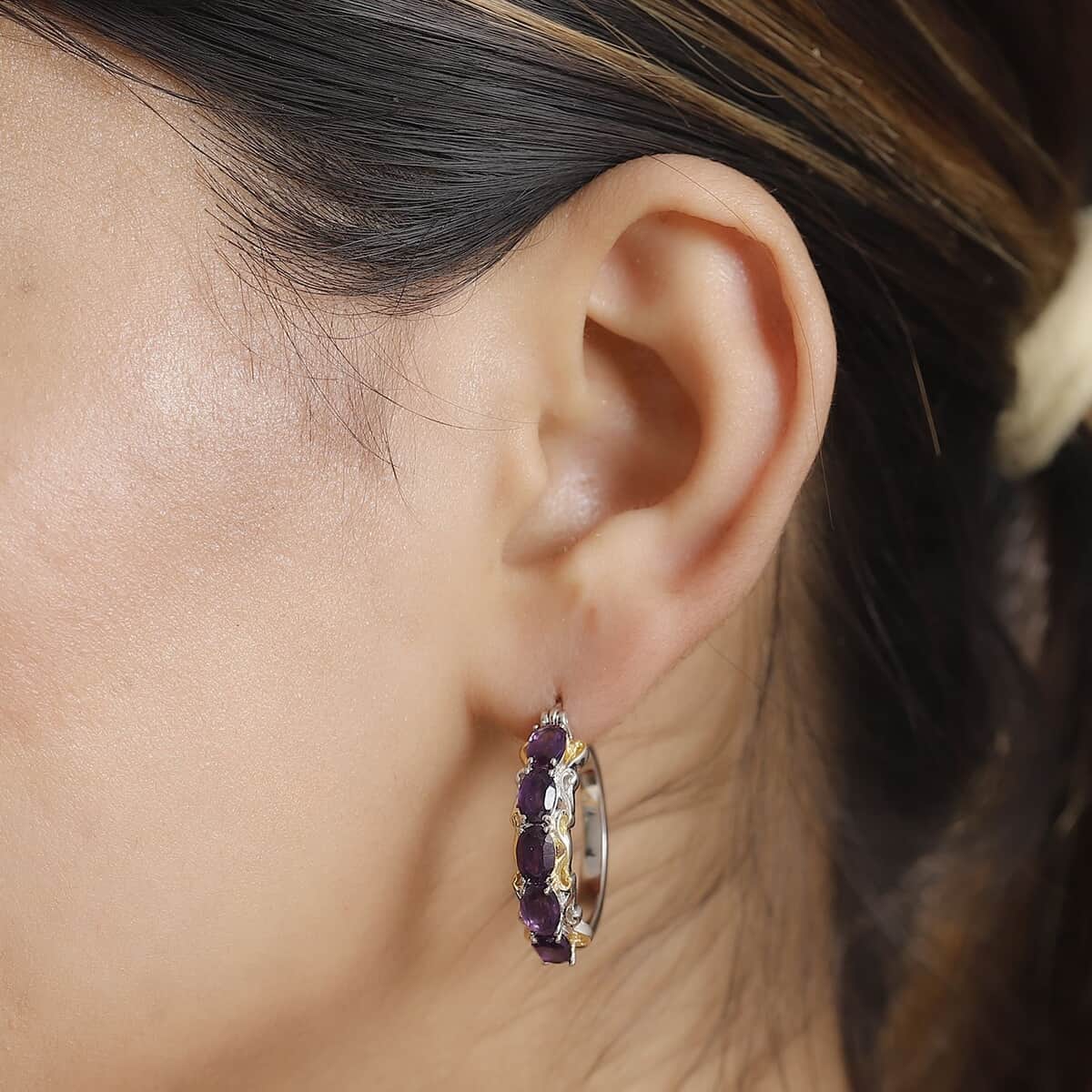 Karis African Amethyst 4.10 ctw Hoop Earrings in 18K YG Plated and Platinum Bond  image number 2