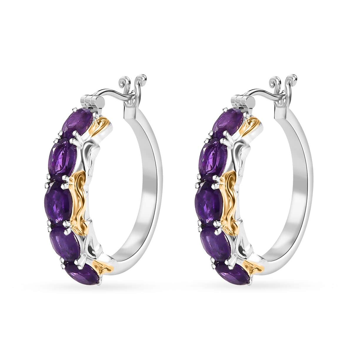 Karis African Amethyst 4.10 ctw Hoop Earrings in 18K YG Plated and Platinum Bond  image number 3