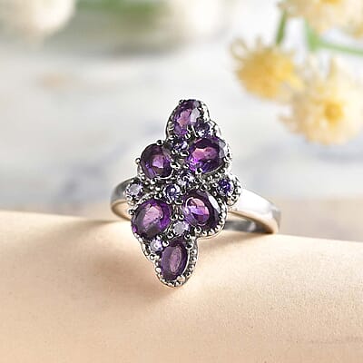 African Amethyst and Simulated Purple Diamond 2.35 ctw Ring in Stainless Steel (Size 10.0)