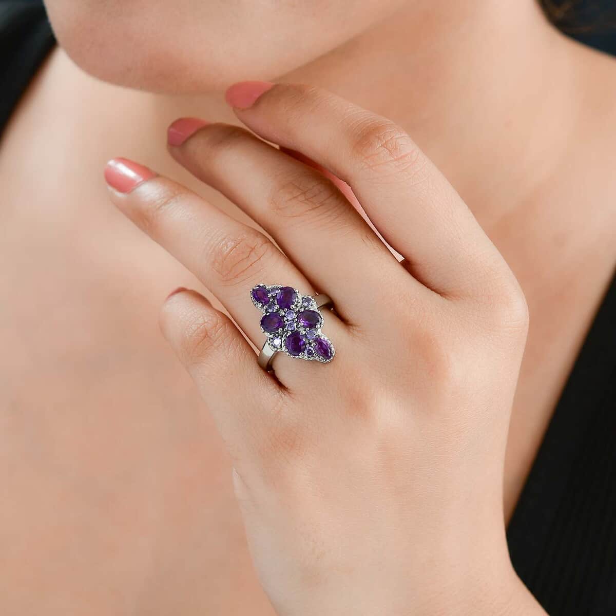 African Amethyst and Simulated Purple Diamond 2.35 ctw Ring in Stainless Steel (Size 10.0) image number 2