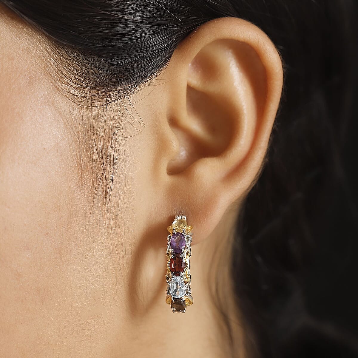 EverTrue Multi Gemstone 4.65 ctw Hoop Earrings in 18K Yellow Gold Plated and Platinum Bond image number 2