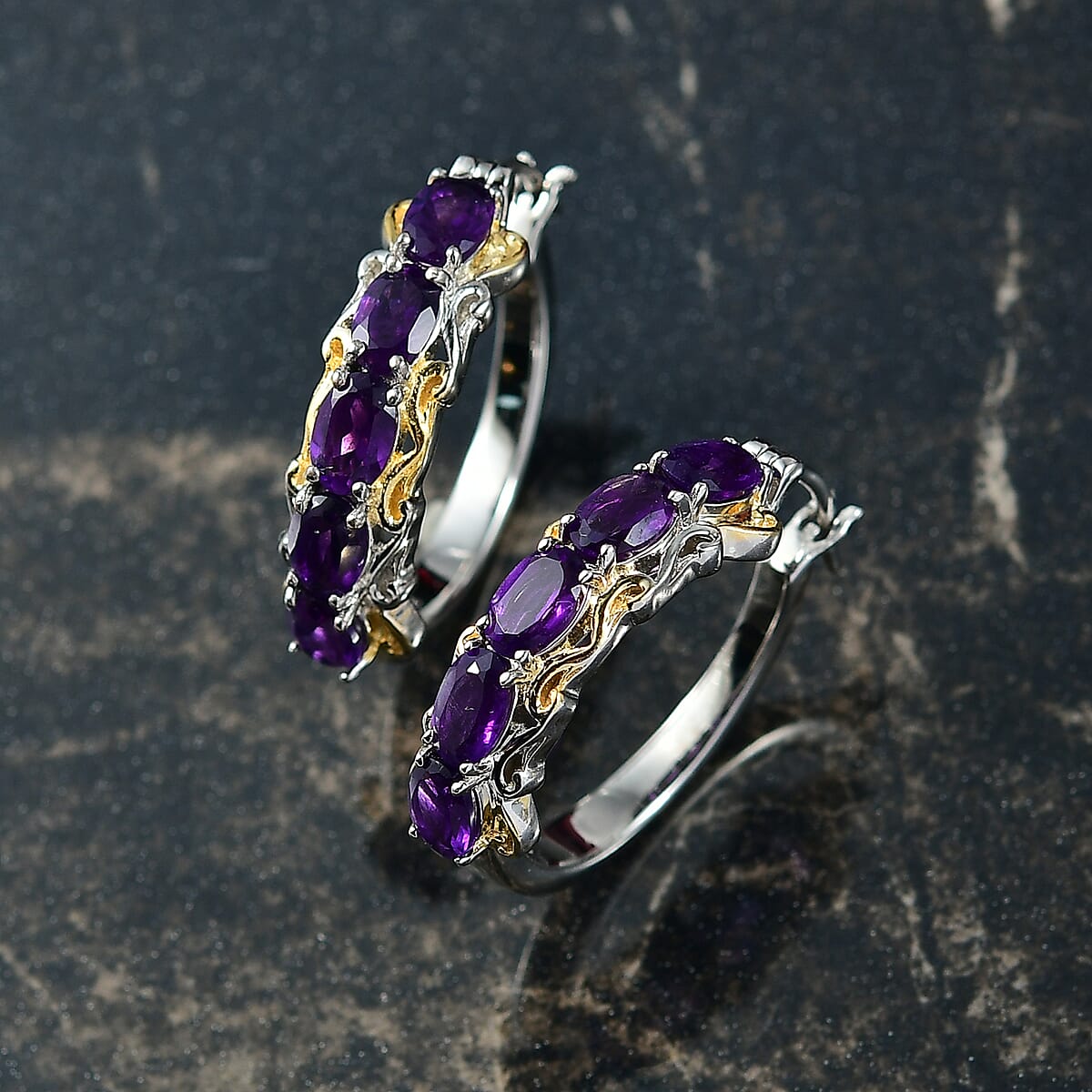 EverTrue African Amethyst  Full Hoop Earrings 18K YG Plated and Platinum Bond 4.50 ctw image number 1