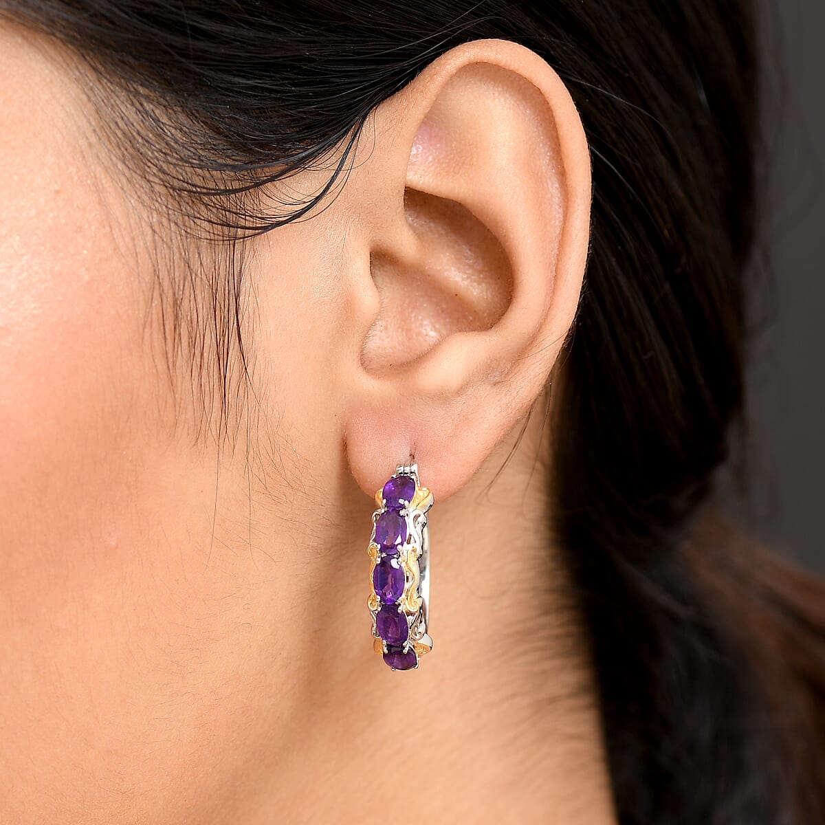 EverTrue African Amethyst  Full Hoop Earrings 18K YG Plated and Platinum Bond 4.50 ctw image number 2