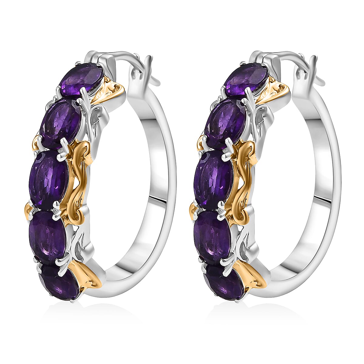 EverTrue African Amethyst  Full Hoop Earrings 18K YG Plated and Platinum Bond 4.50 ctw image number 3