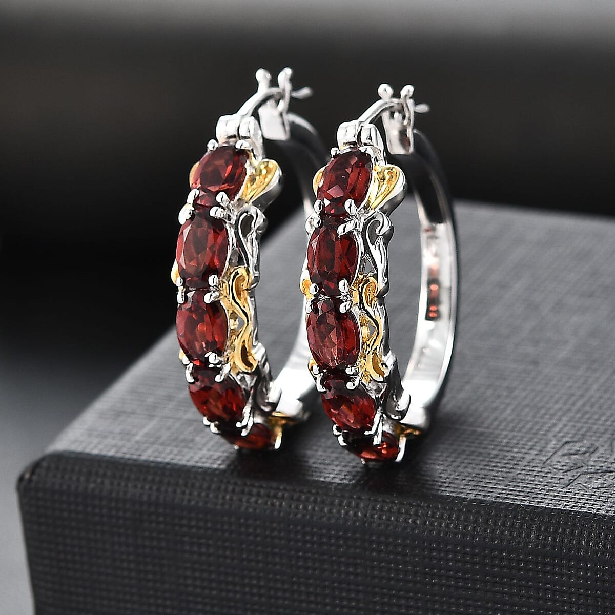 EverTrue Mozambique Garnet 4.60 ctw Hoop Earrings in 18K Yellow Gold Plated and Platinum Bond image number 1