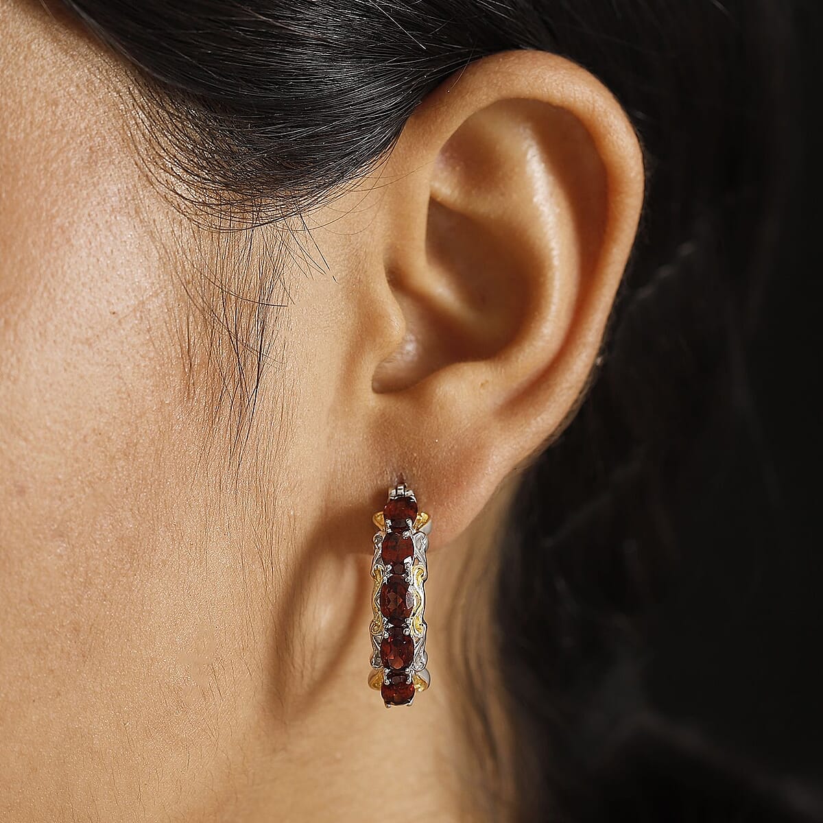 EverTrue Mozambique Garnet 4.60 ctw Hoop Earrings in 18K Yellow Gold Plated and Platinum Bond image number 2