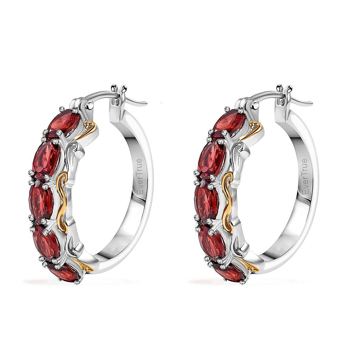 EverTrue Mozambique Garnet 4.60 ctw Hoop Earrings in 18K Yellow Gold Plated and Platinum Bond image number 3