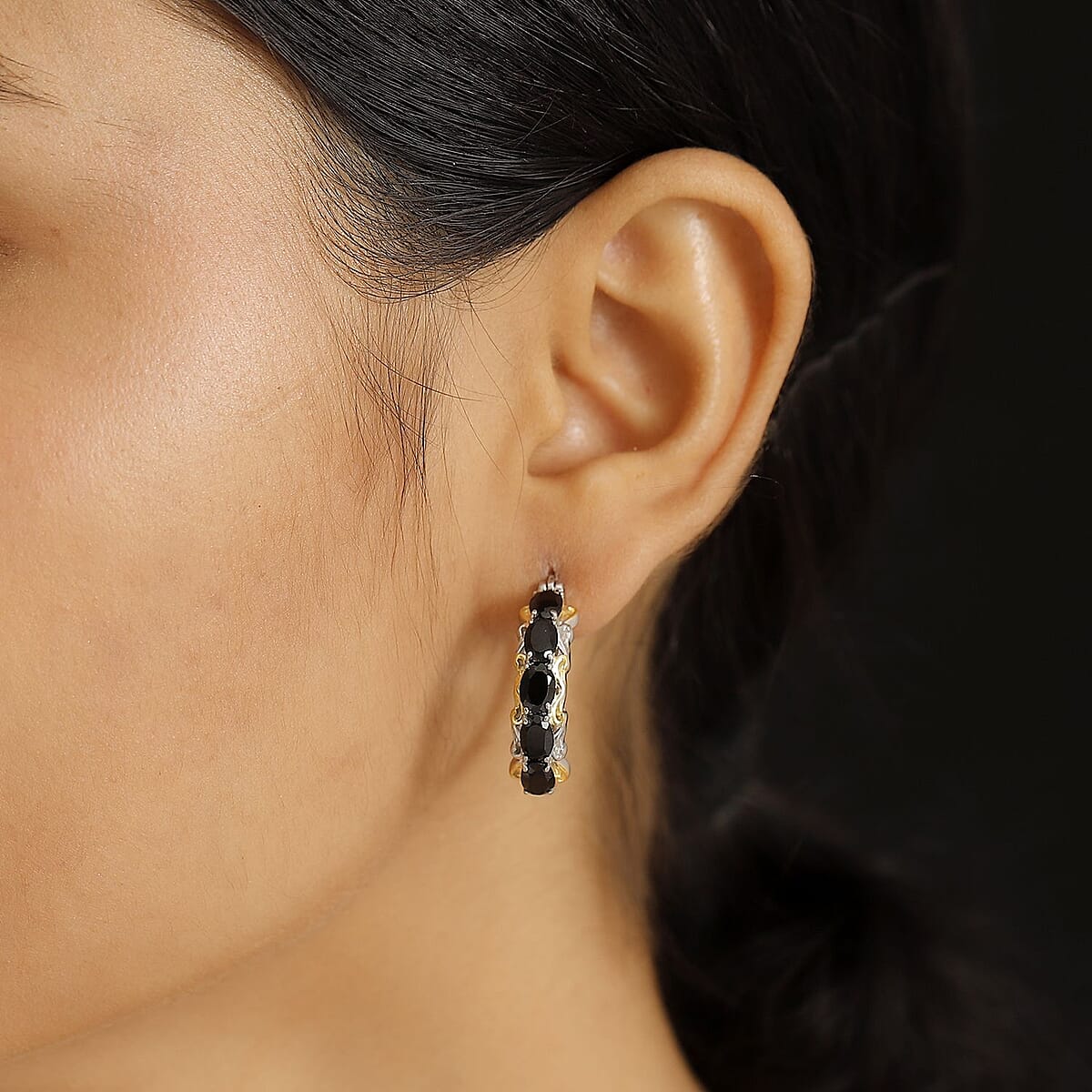 EverTrue Thai Black Spinel 4.75 ctw Hoop Earrings in 18K YG Plated and Platinum Bond image number 2