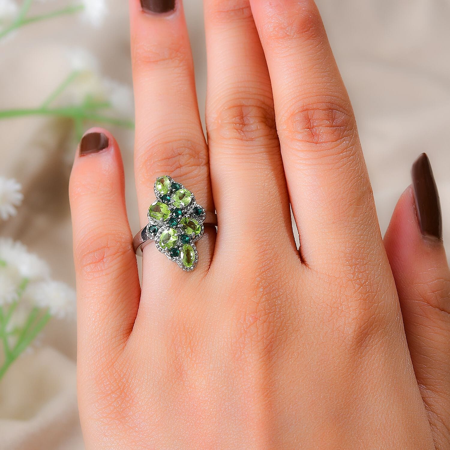 Peridot and Simulated Green Diamond 2.35 ctw Ring in Stainless Steel (Size 10.0)