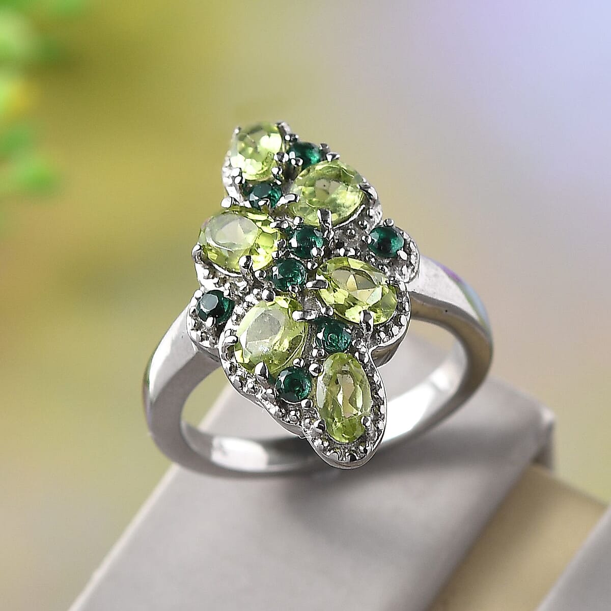 Peridot and Simulated Green Diamond 2.35 ctw Ring in Stainless Steel (Size 6.0) image number 1