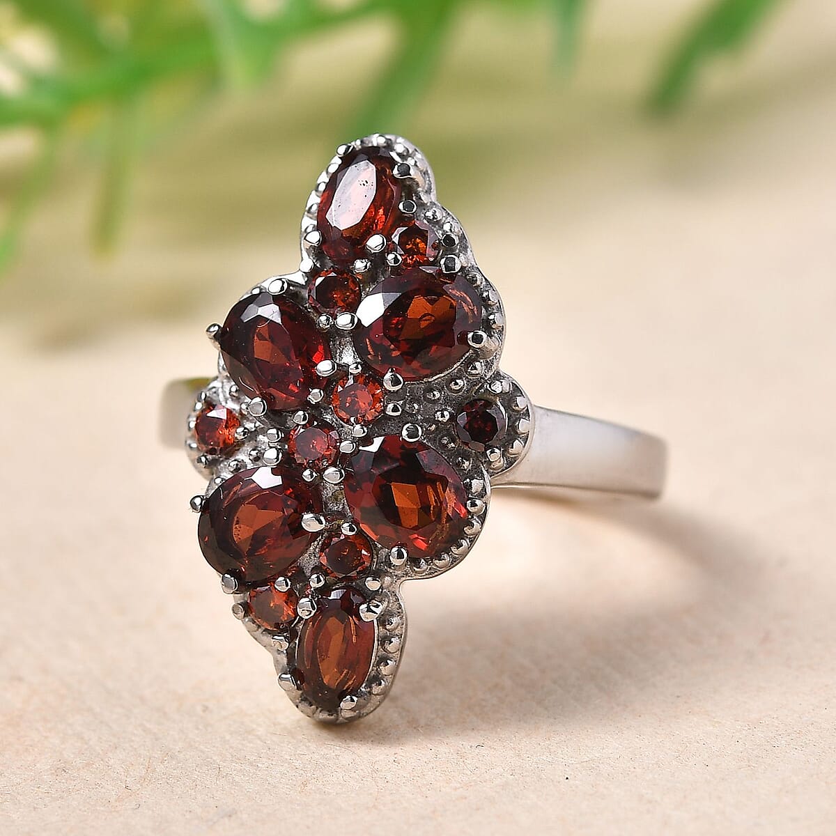 Mozambique Garnet and Simulated Red Diamond 2.00 ctw Ring in Stainless Steel (Size 6.0) image number 1