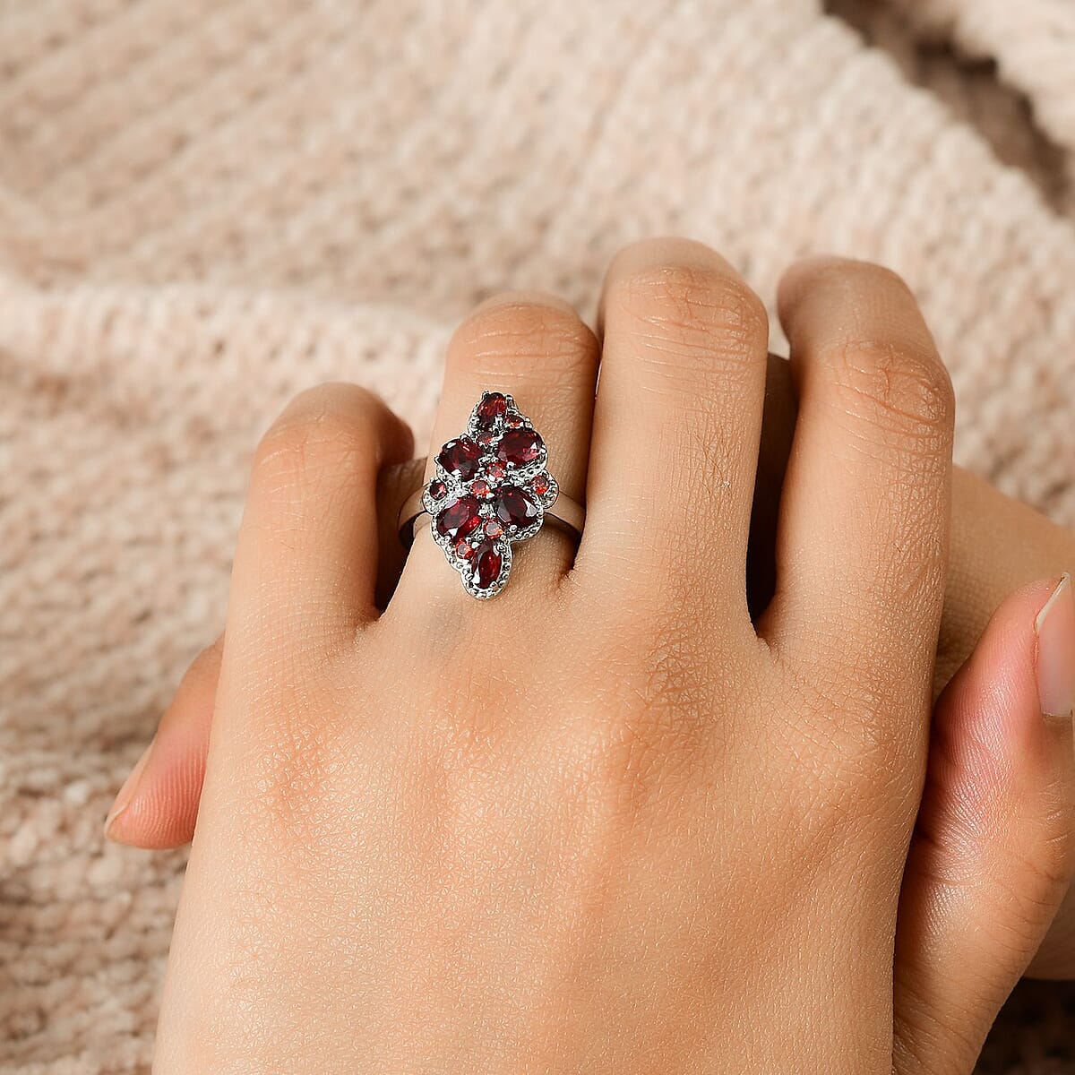 Mozambique Garnet and Simulated Red Diamond 2.00 ctw Ring in Stainless Steel (Size 6.0) image number 2