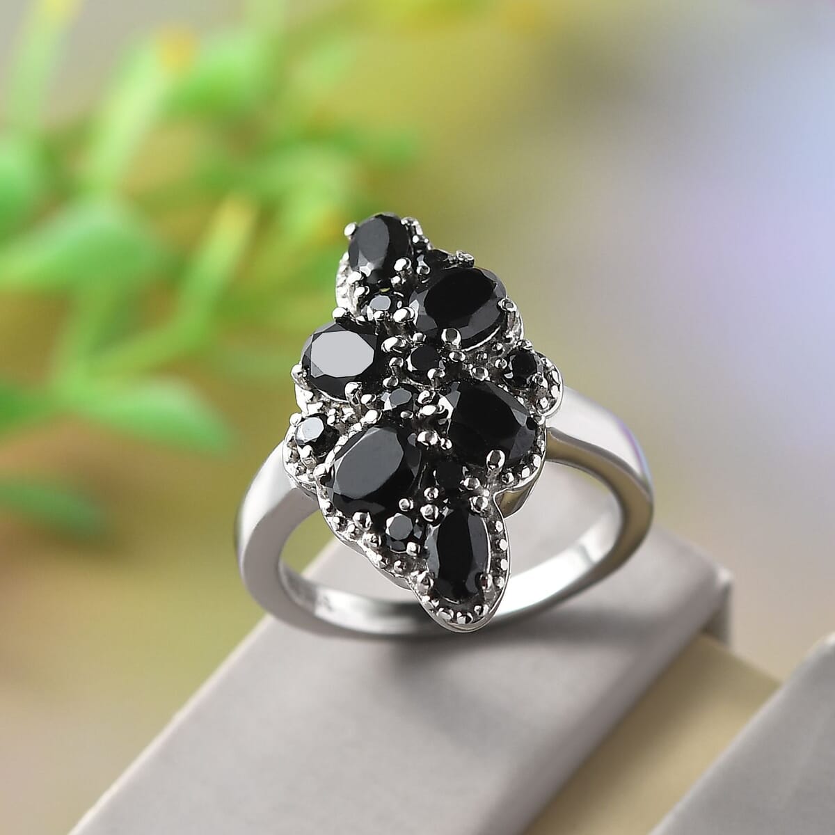 Thai Black Spinel and Simulated Red Diamond 2.80 ctw Ring in Stainless Steel (Size 10.0) image number 1